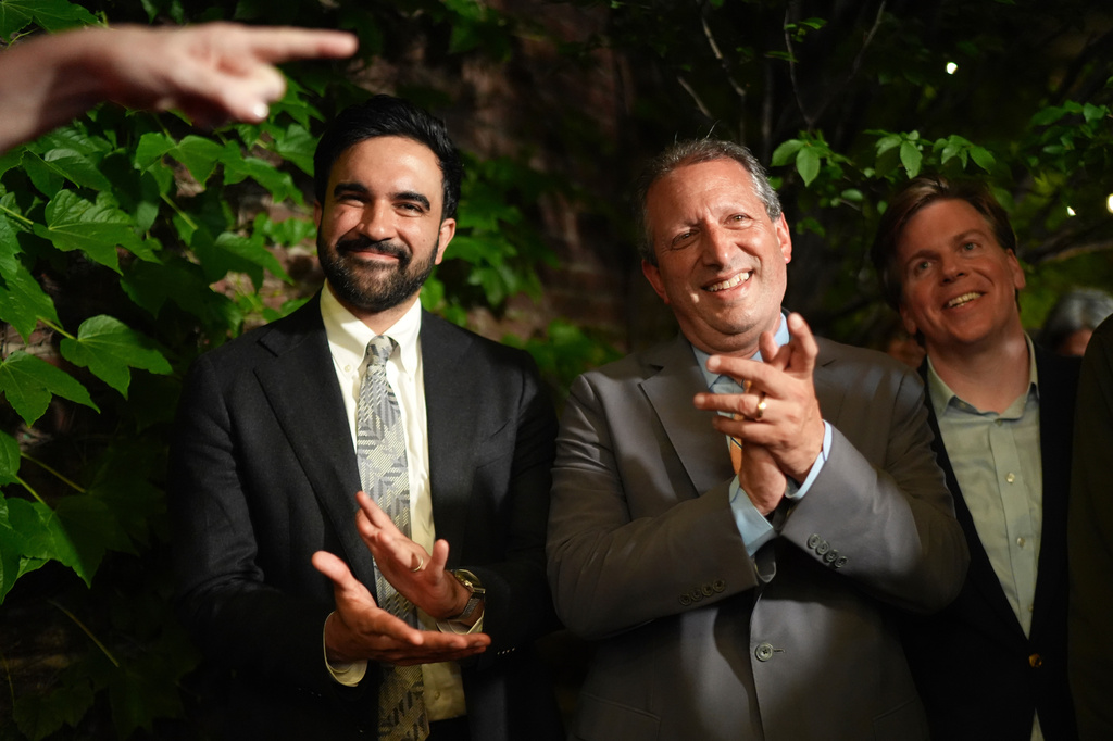 Democratic congressional candidate Brad Lander arrives with New York City Mayor Zohran Mamdani for an election night watch party Tuesday, June 23, 2026, in New York. (AP Photo/Ryan Murphy)