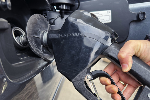 FILE - A costumer pumps gas at a gas station in Mundelein, Ill., Feb. 8, 2024. A Nebraska woman is facing theft charges, accusing her of exploiting a gas pump glitch at a Lincoln, Neb. service station. Authorities say the woman found that by double-swiping a rewards card, she could put the pump into demo mode and get free gas. She's accused of costing the station nearly $28,000 in gas over a seven-month period. (AP Photo/Nam Y. Huh, file)