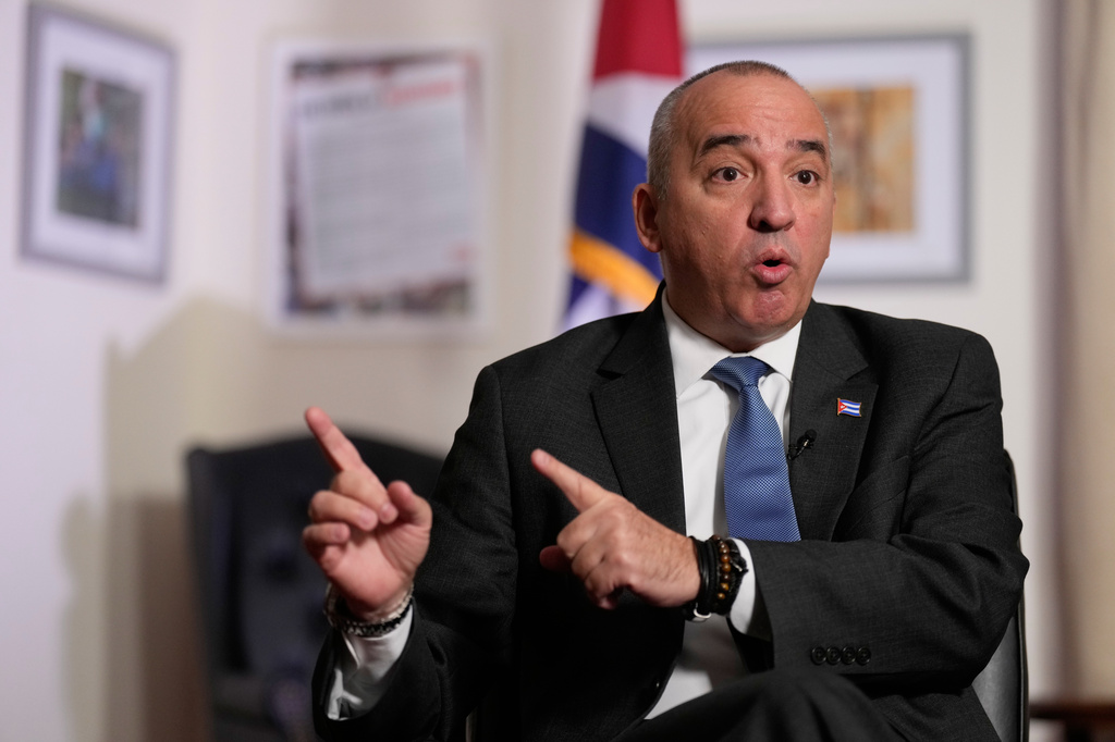 Ernesto Soberón Guzmán, Cuban ambassador to the United Nations, speaks to reporters in New York, Thursday, April 23, 2026. (AP Photo/Seth Wenig)