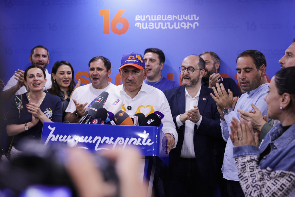 Armenian Prime Minister Nikol Pashinyan speaks at his Armenia Ruling Civil Contract party headquarters after parliamentary elections in Yerevan, Armenia, Monday, June 8, 2026. (AP Photo/Anthony Pizzoferrato)