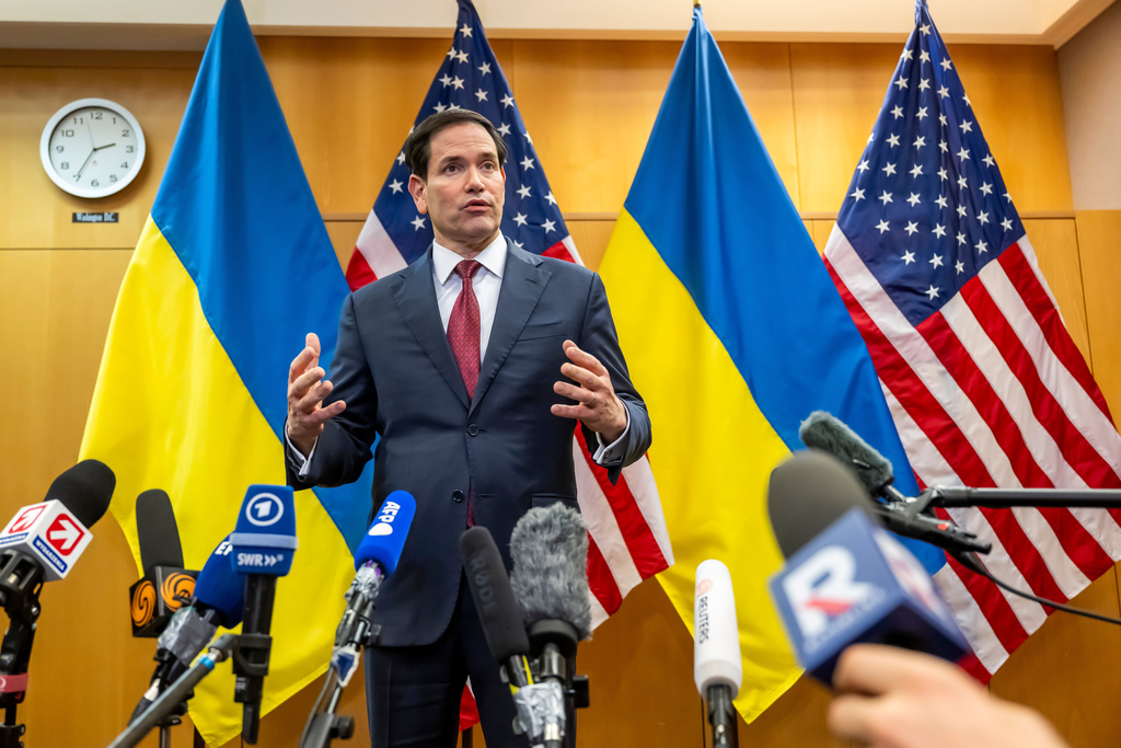 U.S. Secretary of State Marco Rubio talks to the press at the U.S. Mission to International Organizations in Geneva, Switzerland, Sunday, Nov. 23, 2025. (Martial Trezzini/Keystone via AP)