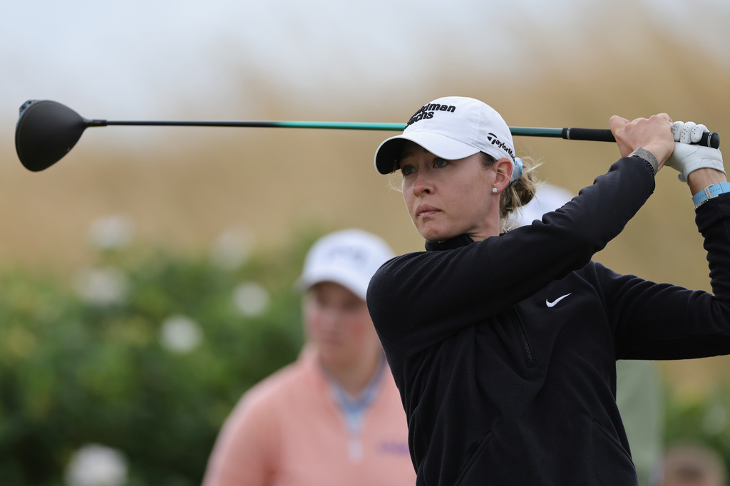 Nelly Korda of United States tees off during day two of the 2026 ISPS HANDA Women's Scottish Open at Dundonald Links at Ayrshire, Scotland, on Friday, July 24, 2026. (Steve Welsh/PA via AP)