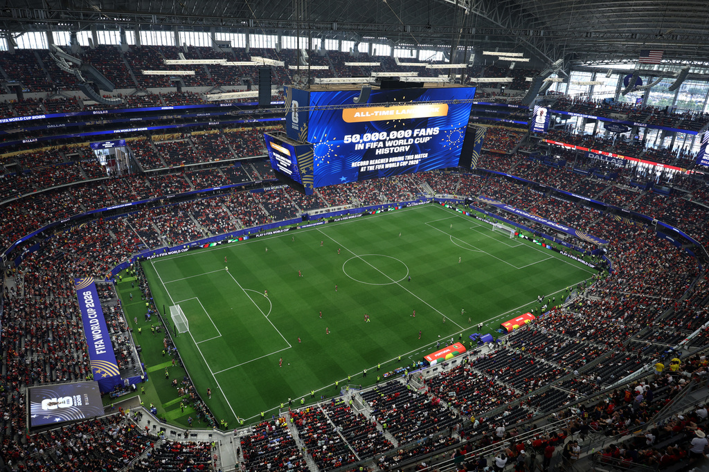 Spain plays Portugal during a World Cup round of 16 soccer match in Arlington, Texas, near Dallas, Monday, July 6, 2026. (AP Photo/Sam Hodde)
