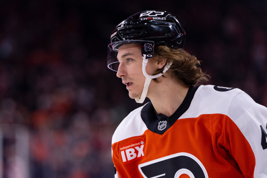Philadelphia Flyers' Trevor Zegras looks on after scoring his second goal of the period during the first period of an NHL hockey game against the Anaheim Ducks, Tuesday, Jan. 6, 2026, in Philadelphia. (AP Photo/Chris Szagola)