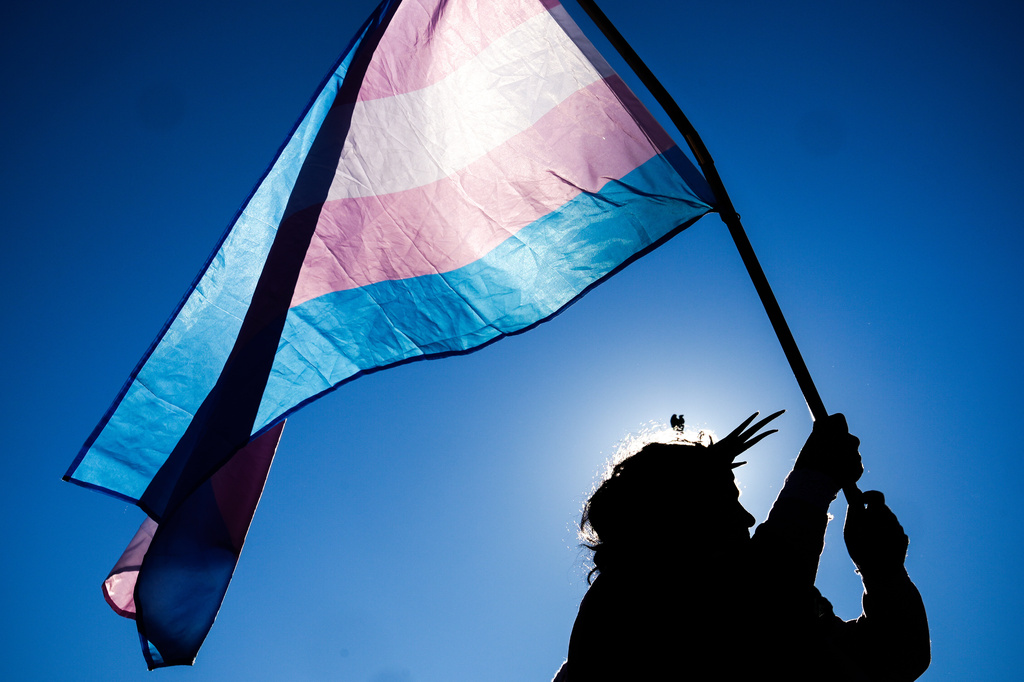 FILE - A protester dressed as the Statue of Liberty waves a transgender pride flag outside the Supreme Court in Washington, on Jan. 13, 2026, as it hears arguments over state laws barring transgender girls and women from playing on school athletic teams. (AP Photo/Julia Demaree Nikhinson, File)