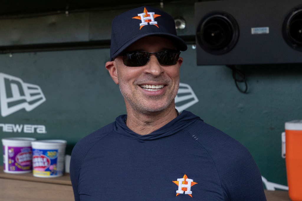 Houston Astros manager Joe Espada interviews with media before a baseball game against the Athletics, Saturday, Sept. 26, 2026, in West Sacramento, Calif. (AP Photo/Sara Nevis)