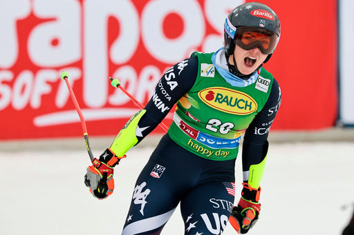 United States' Mikaela Shiffrin celebrates at the finish area of an alpine ski, women's World Cup giant slalom, in Soelden, Austria, Saturday, Oct. 25, 2025. (AP Photo/Marco Trovati) United States' Mikaela Shiffrin celebrates at the finish area of an alpine ski, women's World Cup giant slalom, in Soelden, Austria, Saturday, Oct. 25, 2025. (AP Photo/Marco Trovati)