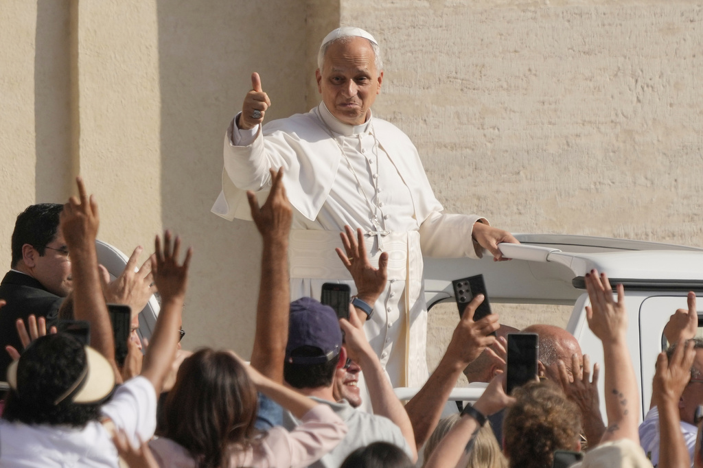 Pope Leo XIV arrives in St. Peter's Square on the occasion of the weekly general audience at the Vatican, Wednesday, Sept. 17, 2025. (AP Photo/Gregorio Borgia)
