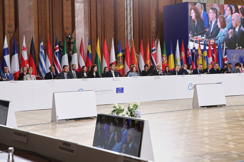 Participants attend the opening session of the 135th Ministerial Session of the Committee of Ministers of the Council of Europe in Chisinau, Moldova, Friday, May 15, 2026. (AP Photo/Elena Covalenco)