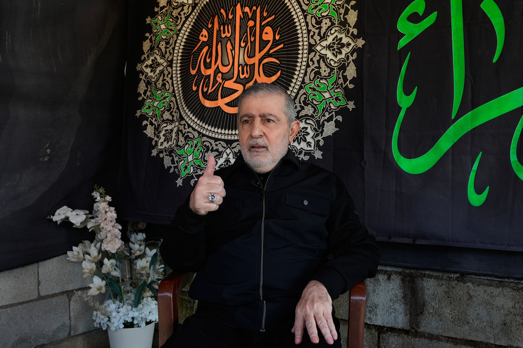 Wafiq Safa, senior Hezbollah political council member, speaks during an interview with The Associated Press in Beirut, Monday, April 13, 2026. (AP Photo/Hussein Malla)