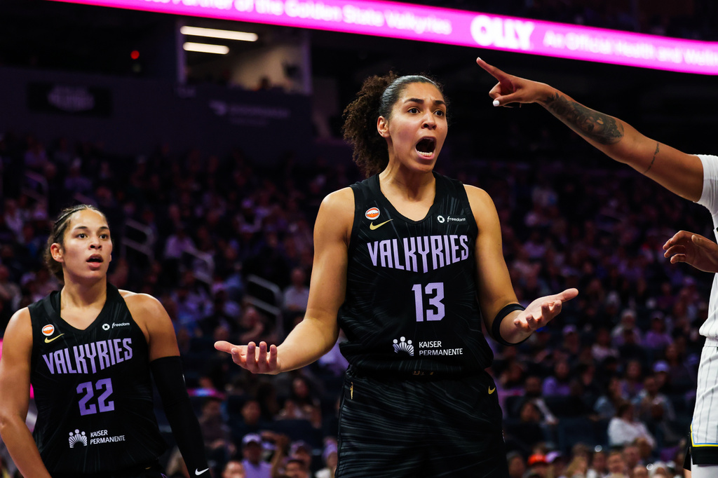Golden State Valkyries forward Janelle Salaün (13) disputes a call during a matchup against the Chicago Sky in the first half at Chase Center in San Francisco on Wednesday, May 13, 2026.(Yalonda M. James/San Francisco Chronicle via AP)