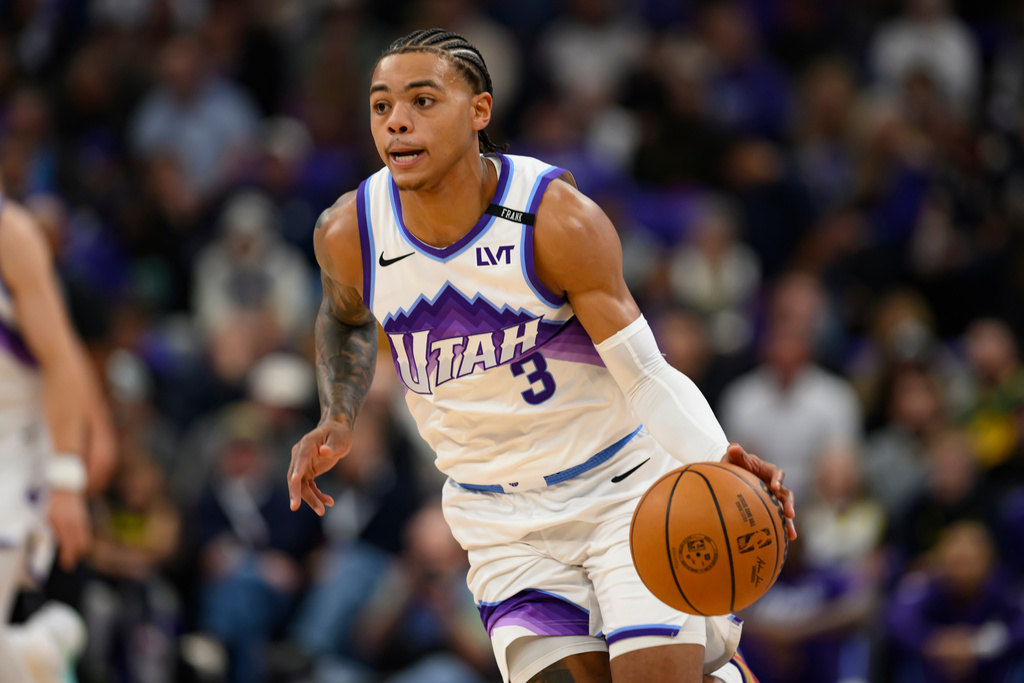 Utah Jazz guard Keyonte George (3) dribbles the basketball during the first half of an NBA basketball game against the LA Clippers, Wednesday, Oct. 22, 2025, in Salt Lake City. (AP Photo/Tyler Tate)