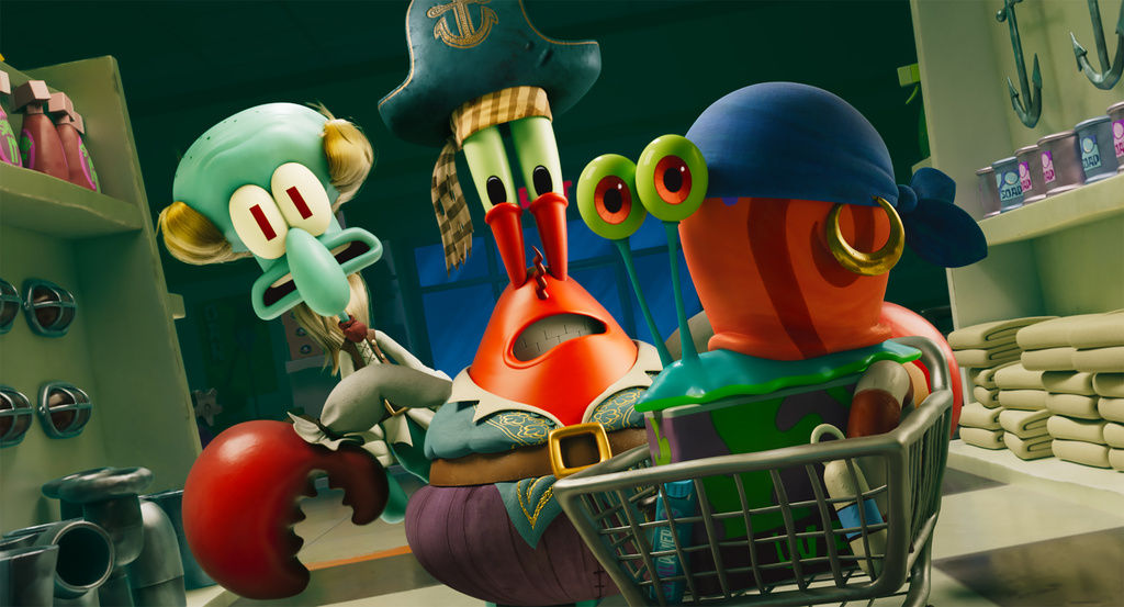 This image released by Paramount Animation and Nickelodeon shows the characters Squidward, voiced by Rodger Bumpass, from left, Mr. Krabs, voiced by Clancy Brown, and Gary, voiced by Tom Kenny, in a scene from "The SpongeBob Movie: Search For SquarePants." (Paramount Animation and Nickelodeon via AP)