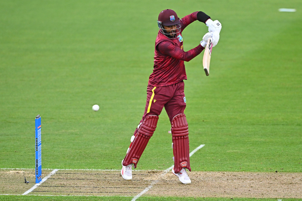 West Indies' Shai Hope bats against New Zealand during their One Day International cricket match in Napier, New Zealand, Wednesday Nov. 19, 2025. (Kerry Marshall/Photosport via AP)