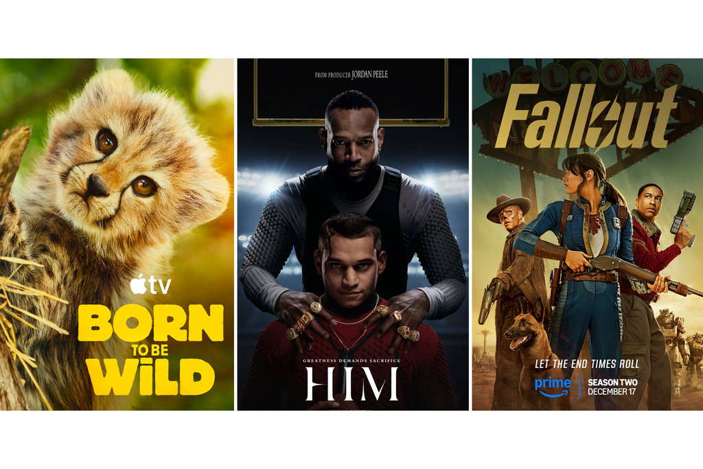 This combination of photos shows promotional art for the nature documentary series "Born to Be Wild," left, the film "Him," and the series "Fallout." (Apple TV/Universal/Prime via AP)