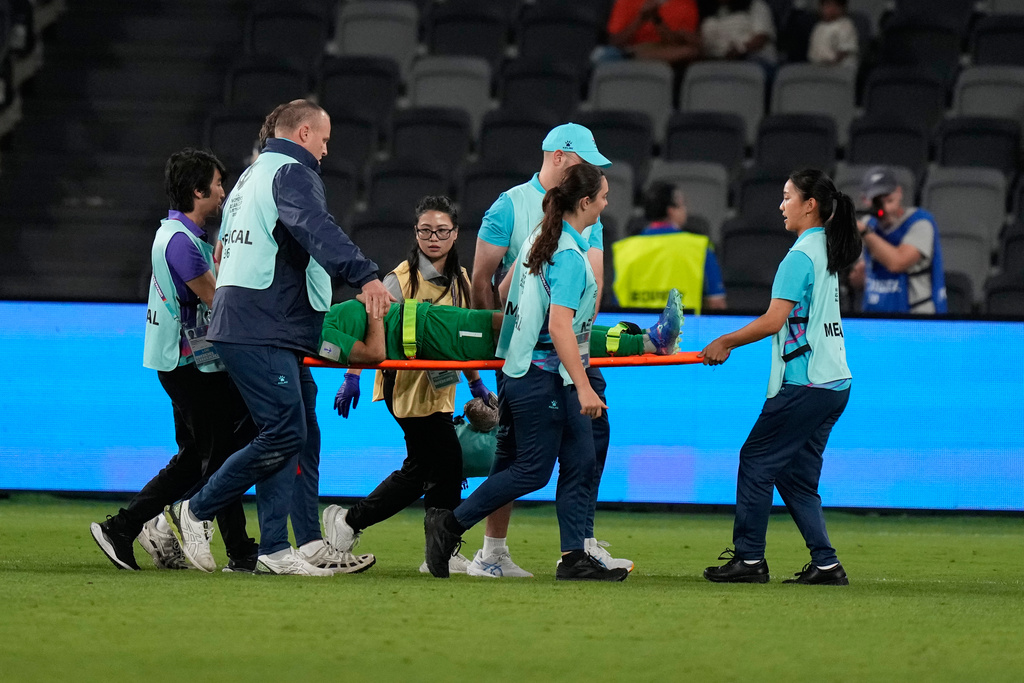India's goalkeeper Panthoi Chanu Elangbam is taken away on a stretcher after an injury during the Women's Asian Cup soccer match between India and Taiwan in Sydney, Tuesday, March 10, 2026. (AP Photo/Rick Rycroft)