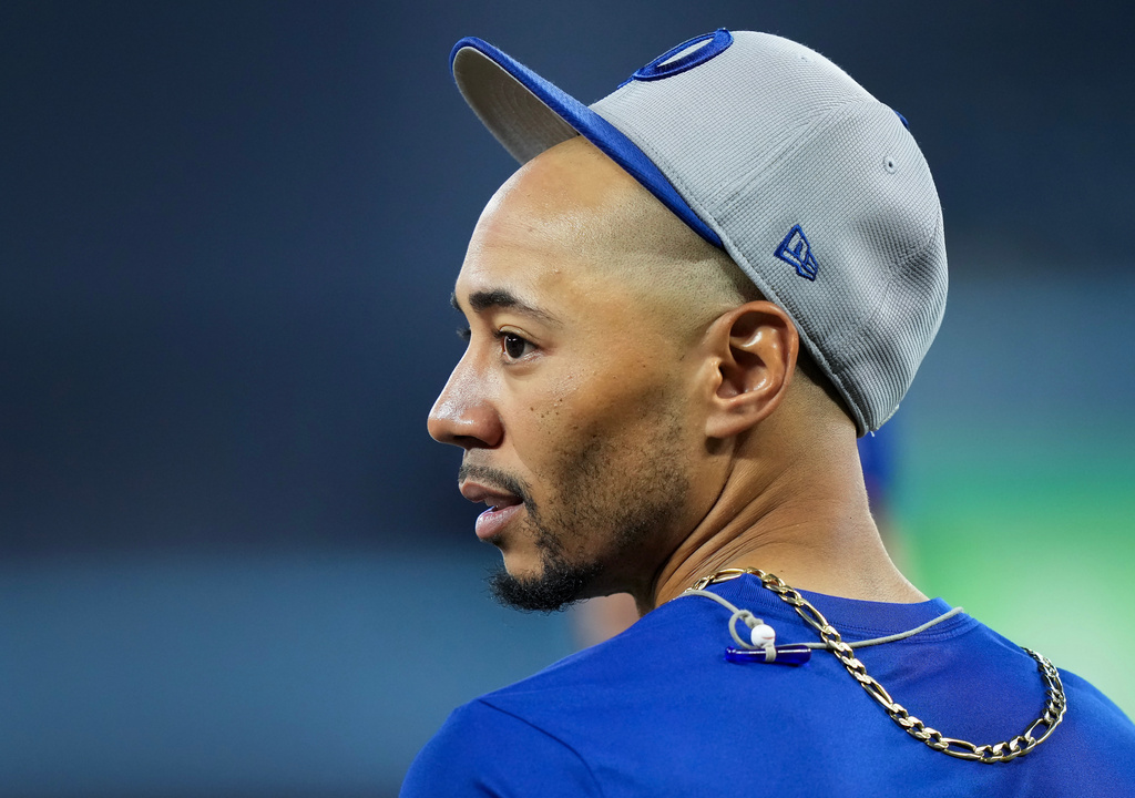 Los Angeles Dodgers shortstop Mookie Betts looks on during World Series baseball batting practice World Series in Toronto, Thursday, Oct. 30, 2025. (Nathan Denette/The Canadian Press via AP)
