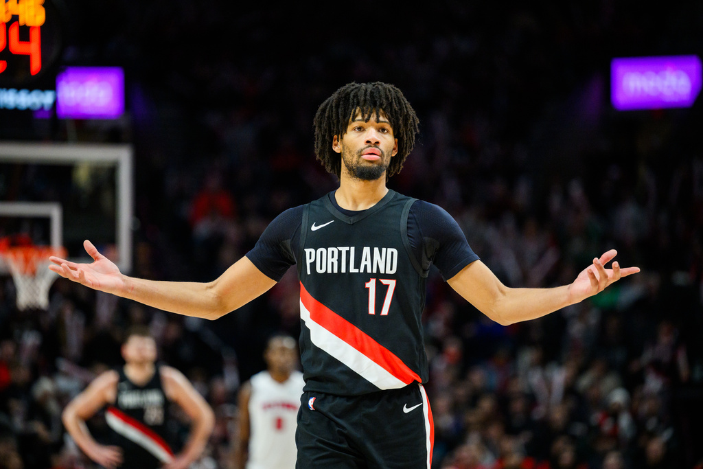 Portland Trail Blazers guard Shaedon Sharpe (17) reacts to a foul call during the second half of an NBA basketball game against the Detroit Pistons, Monday, Dec. 22, 2025, in Portland, Ore. (AP Photo/Molly J. Smith)