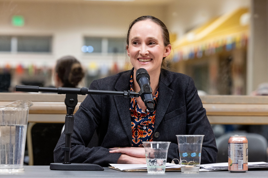 Seattle mayoral candidate Katie Wilson speaks during a climate forum Thursday, Oct. 16, 2025, in Seattle. (AP Photo/Maddy Grassy)
