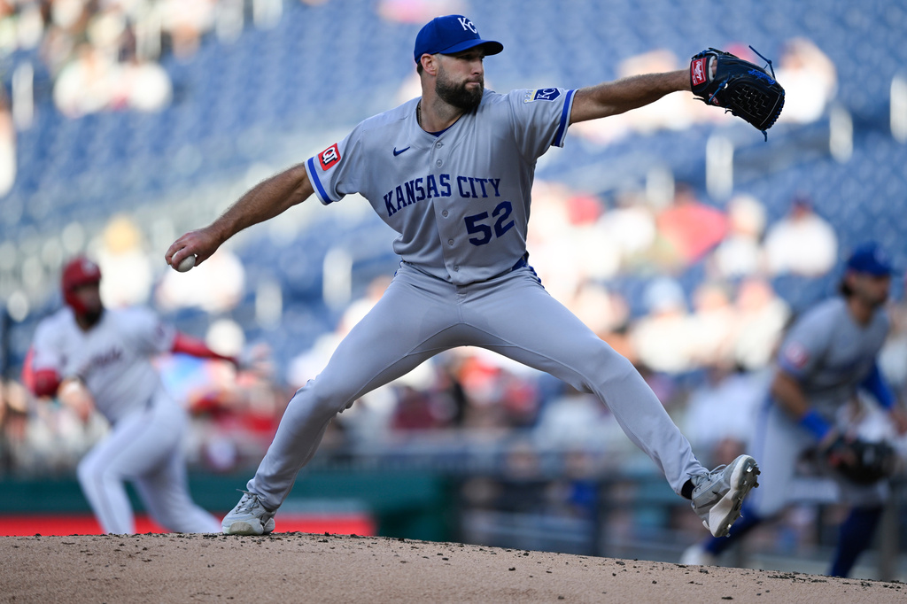 Kansas City Royals pitcher Michael Wacha throws during the first inning of a baseball game against the Washington Nationals, Tuesday, June 16, 2026, in Washington. (AP Photo/John McDonnell)