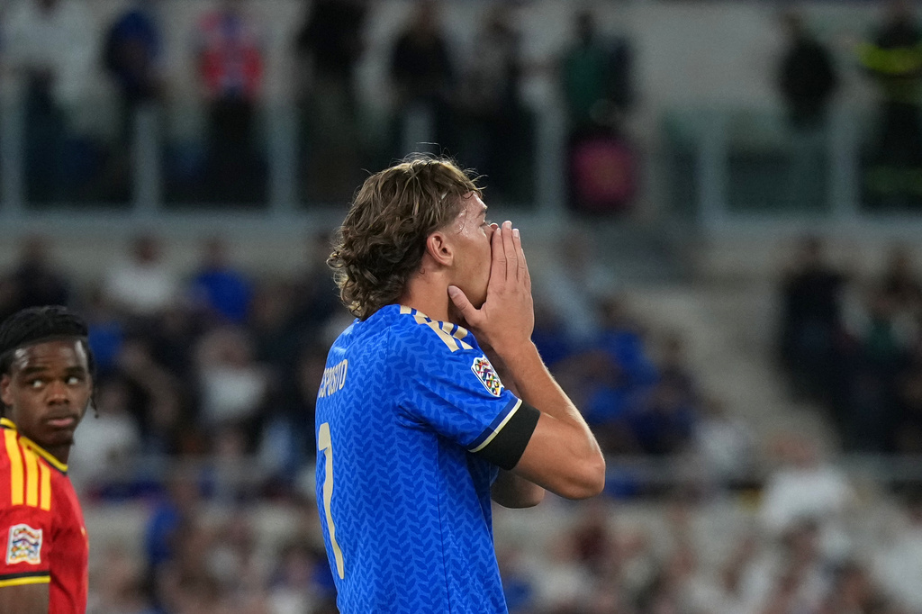 Italy's Pio Esposito reacts after failing to score during the Nations League soccer match between Italy and Belgium in Rome, Friday, Sept. 25, 2026. (AP Photo/Andrew Medichini)