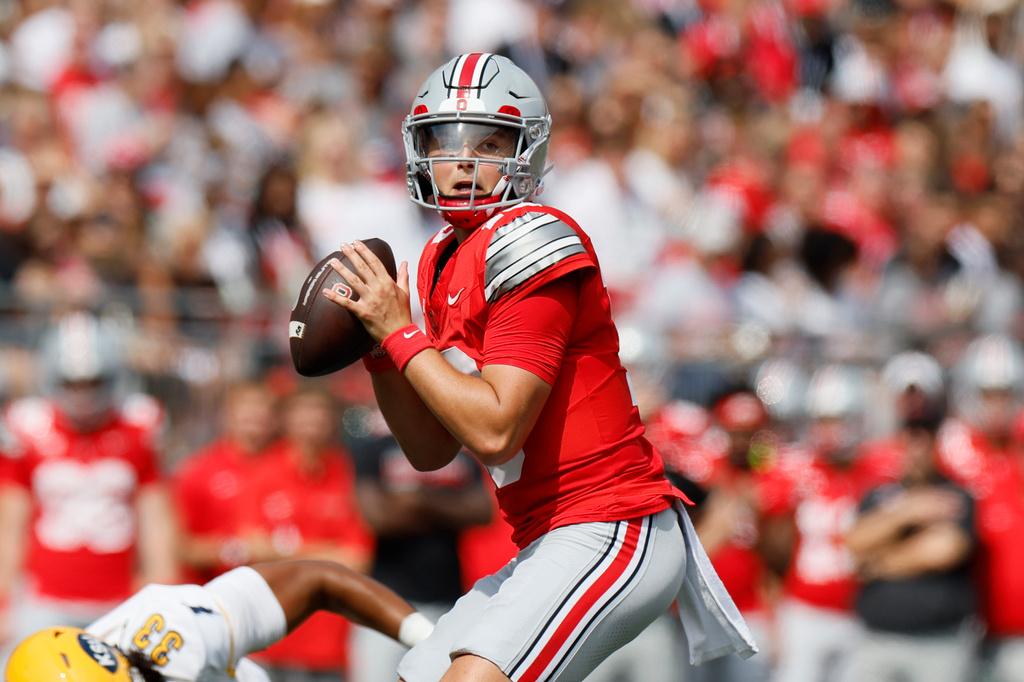 Ohio State quarterback Julian Sayin looks for an open pass against Kent State during the first half of an NCAA college football game, Saturday, Sept. 19, 2026, in Columbus, Ohio. (AP Photo/Jay LaPrete)