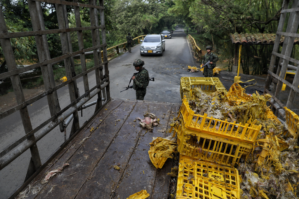 Soldiers stand next to a truck carrying chickens that was set on fire by dissident factions of the former FARC rebels in Jamundi, Colombia, Monday, April 27, 2026. (AP Photo/Santiago Saldarriaga)