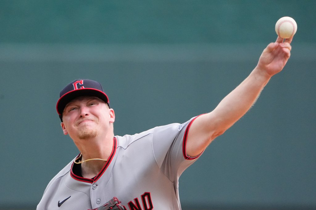 Cleveland Guardians starting pitcher Parker Messick throws during the first inning of a baseball game against the Kansas City Royals, Sunday, Sept. 27, 2026, in Kansas City, Mo. (AP Photo/Charlie Riedel)
