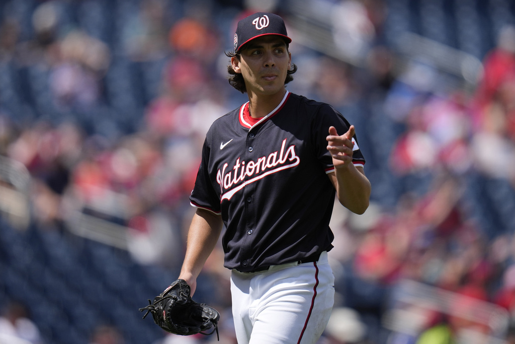 Washington Nationals starting pitcher Andrew Alvarez gestures after throwing to the Miami Marlins during the third inning of a baseball game at Nationals Park, Monday, Sept. 1, 2025, in Washington. (AP Photo/Jess Rapfogel)