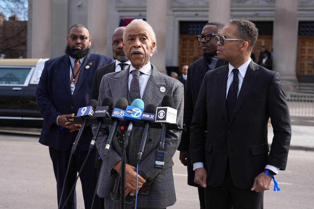 The Rev. Al Sharpton, speaks as Jesse Jackson Jr. listens after the public visitation for Reverend Jesse Jackson at at Rainbow/PUSH Coalition in Chicago, Thursday, Feb. 26, 2026. (AP Photo/Nam Y. Huh)