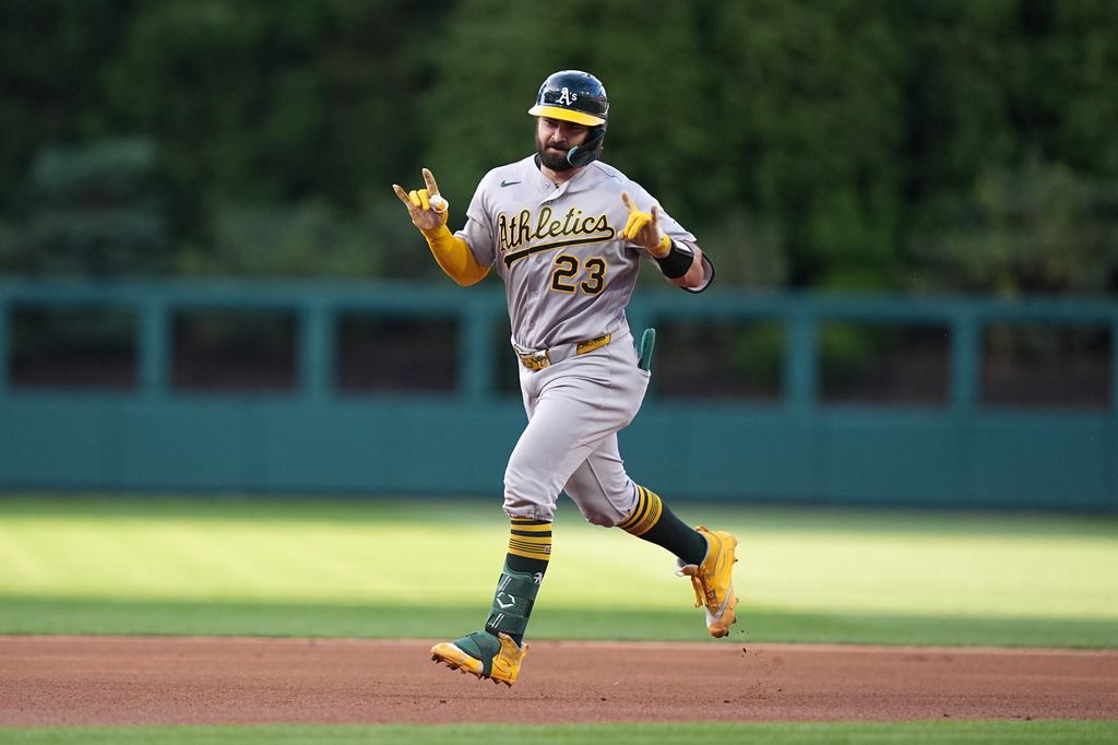 Athletics' Shea Langeliers runs the basses after hitting a two-run home run off of Philadelphia Phillies pitcher Andrew Painter during the first inning of a baseball game, Thursday, May 7, 2026, in Philadelphia. (AP Photo/Matt Rourke)