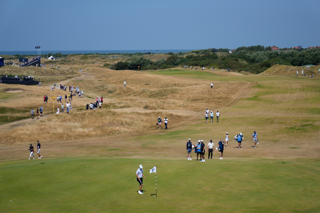 Bernd Wiesberger of Austria walks up to the pin flag on the 9th green during a practice round for the British Open Golf championships at Royal Birkdale golf club, in Southport, England, Wednesday, July 15, 2026. (AP Photo/David Goldman)