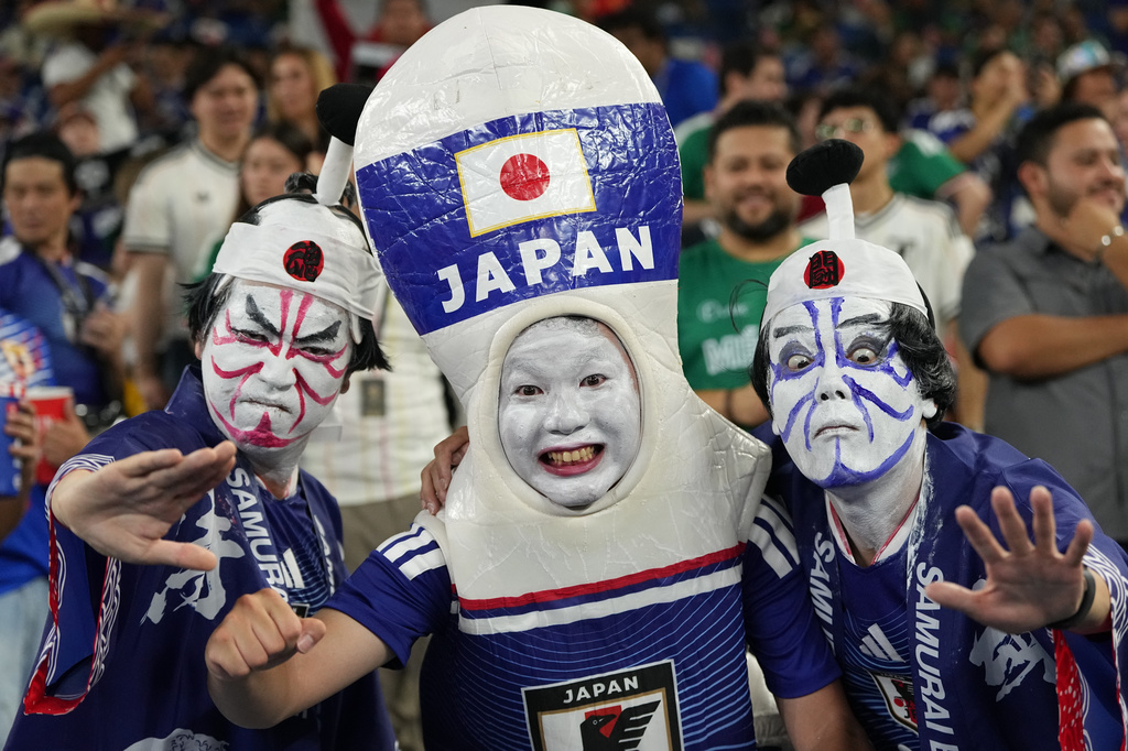 Japan fans cheer prior to the World Cup Group F soccer match against Tunisia in Guadalupe, near Monterrey, Mexico, Saturday, June 20, 2026. (AP Photo/Dolores Ochoa)