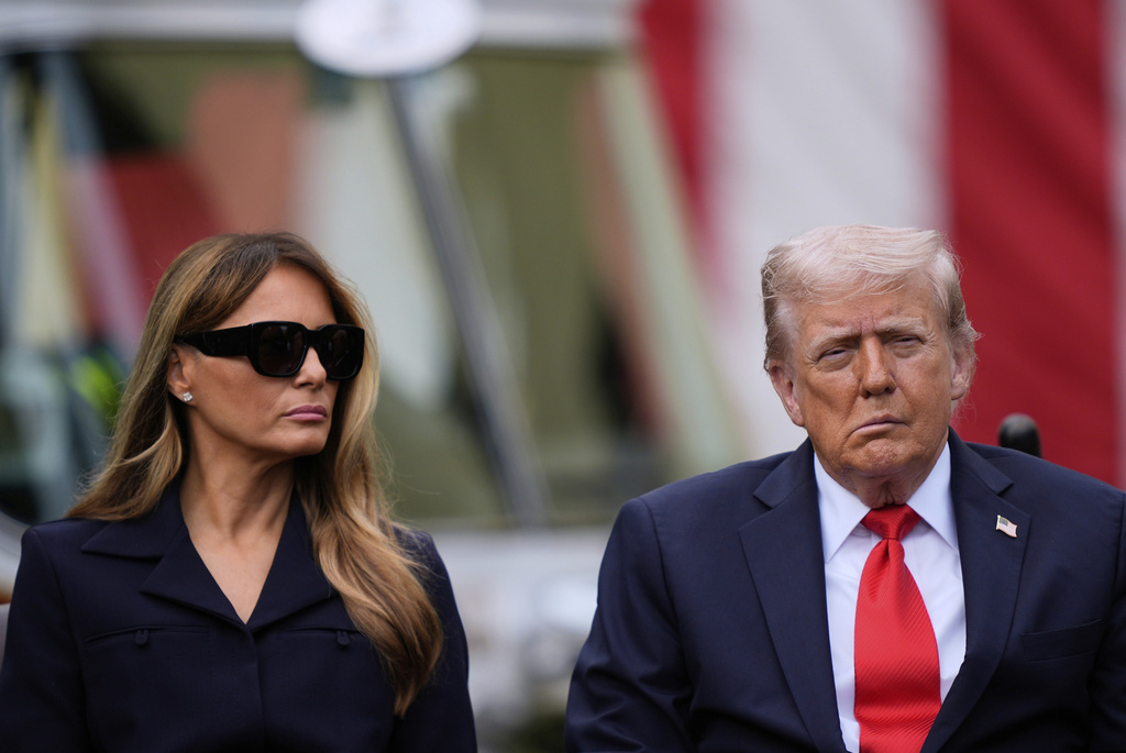 President Donald Trump and first lady Melania Trump listens as names are read as they attend a ceremony at the Pentagon to commemorate the 24rd anniversary of the 9/11 attacks, Thursday, Sept. 11, 2025, in Washington. (AP Photo/Julia Demaree Nikhinson)