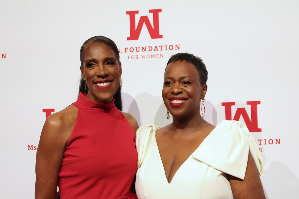 Teresa Younger, left, and Tracy Sturdivant pose for photos together on the red carpet before the Ms. Foundation's Women of Vision Awards Gala, Tuesday, April 28, 2026, in New York. (AP Photo/Heather Khalifa)
