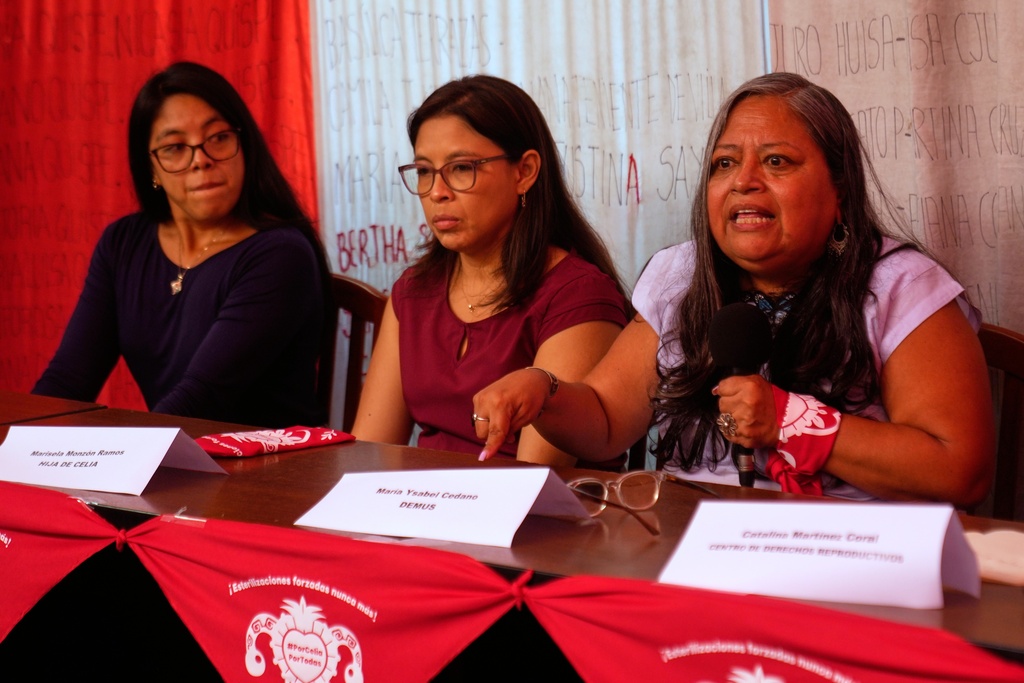 Maria Cedano of the DEMUS Reproductive Rights Center speaks next to sisters Marisela, center, and Marcia Monzon, whose mother Celia Ramos died in 1997 due to complications from a sterilization procedure, in Lima, Peru, Friday, March 6, 2026. (AP Photo/Martin Mejia)