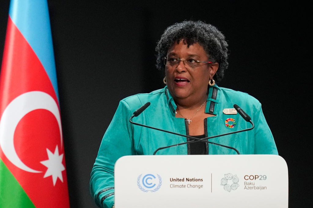 FILE - Barbados Prime Minister Mia Mottley speaks during a plenary session at the COP29 U.N. Climate Summit, Nov. 12, 2024, in Baku, Azerbaijan. (AP Photo/Rafiq Maqbool, File)