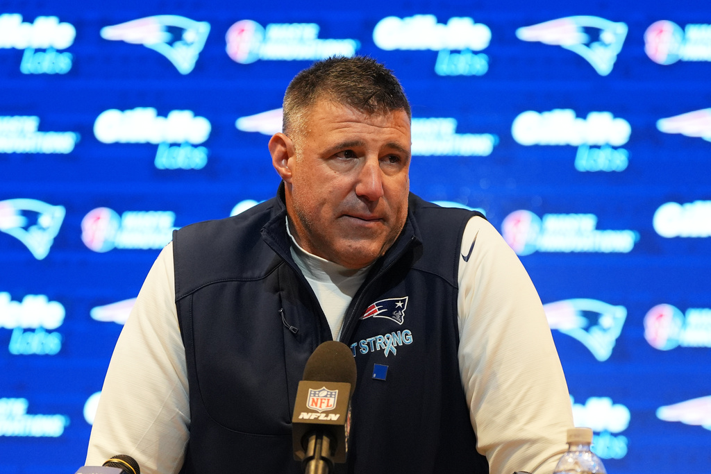 New England Patriots head coach Mike Vrabel speaks at a news conference after an NFL football game against the Buffalo Bills in Foxborough, Mass., Sunday, Dec. 14, 2025. (AP Photo/Charles Krupa)