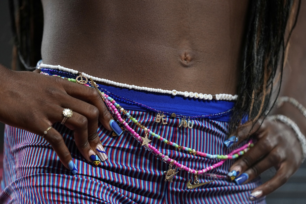 United States' Twanisha Terry after finishing a women's 100 meters heat at the World Athletics Championships in Tokyo, Saturday, Sept. 13, 2025. (AP Photo/Petr David Josek)
