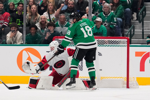Carolina Hurricanes goaltender Brandon Bussi (32) gloves a shot under pressure from Dallas Stars' Sam Steel (18) in the second period of an NHL hockey game Saturday, Oct. 25, 2025, in Dallas. (AP Photo/Tony Gutierrez) Carolina Hurricanes goaltender Brandon Bussi (32) gloves a shot under pressure from Dallas Stars' Sam Steel (18) in the second period of an NHL hockey game Saturday, Oct. 25, 2025, in Dallas. (AP Photo/Tony Gutierrez)