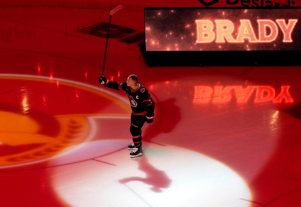 Ottawa Senators' Brady Tkachuk skates onto the ice before his team's home opener, an NHL hockey game against the Nashville Predators, in Ottawa, Monday, Oct. 13, 2025. (Justin Tang/The Canadian Press via AP)