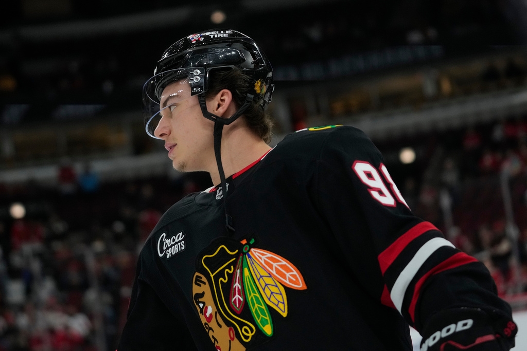 Chicago Blackhawks center Connor Bedard warms up before an NHL hockey game against the Washington Capitals, Friday, Jan. 9, 2026, in Chicago. (AP Photo/Erin Hooley)