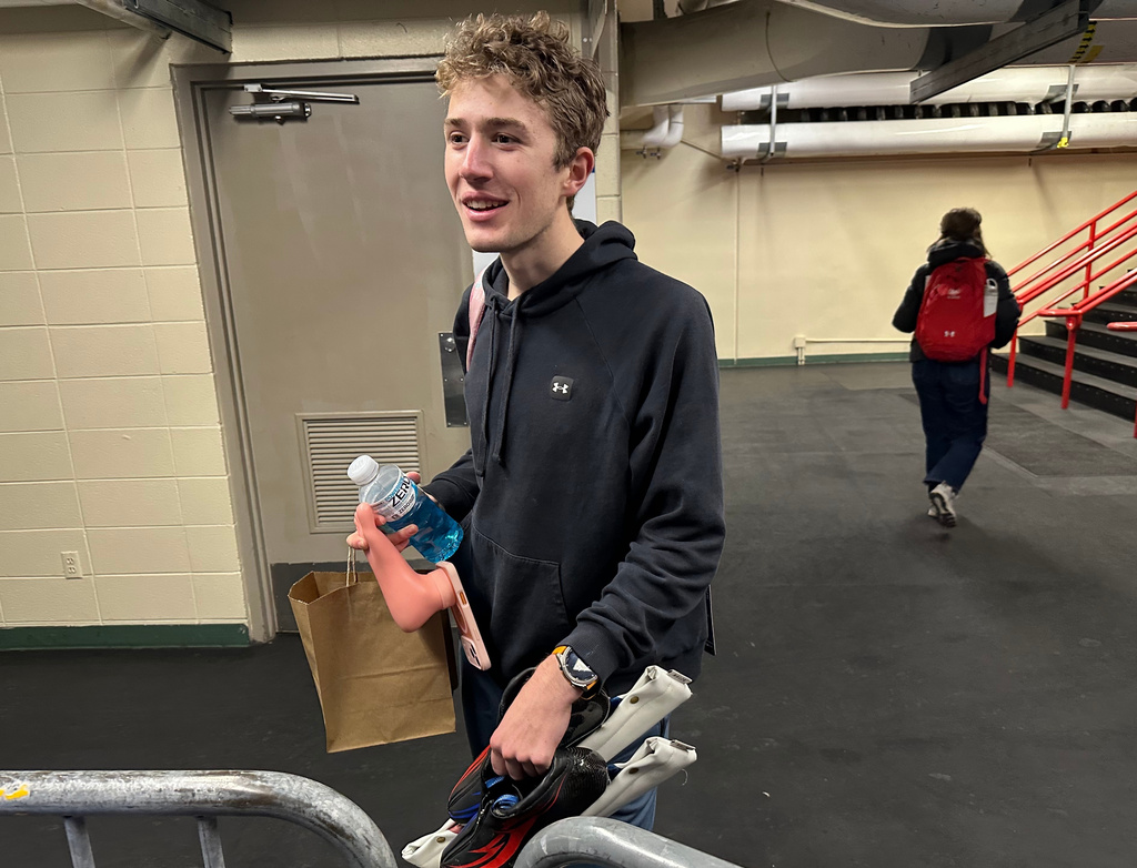 Speedskater Casey Dawson, of Park City, Utah, speaks to the media at the U.S. Olympic trials for long track speedskating at the Pettit National Ice Center in Milwaukee, Jan. 4, 2026. (AP Photo/Howard Fendrich)