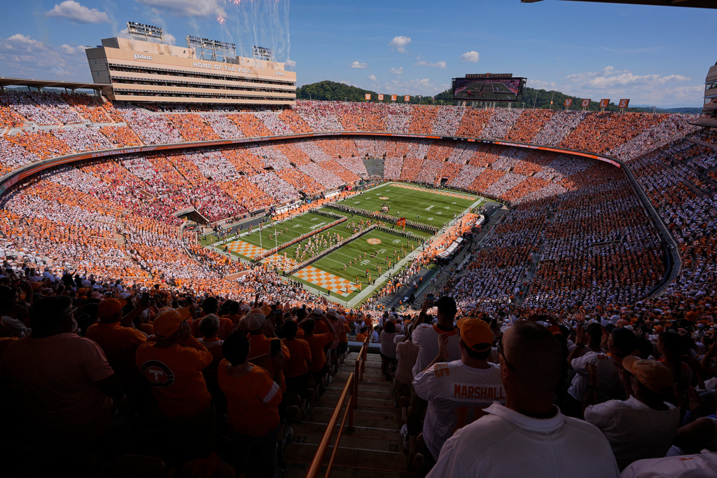 FILE - Tennessee runs onto the field before an NCAA college football game against Georgia, Sept. 13, 2025, in Knoxville, Tenn. (AP Photo/George Walker IV, File)