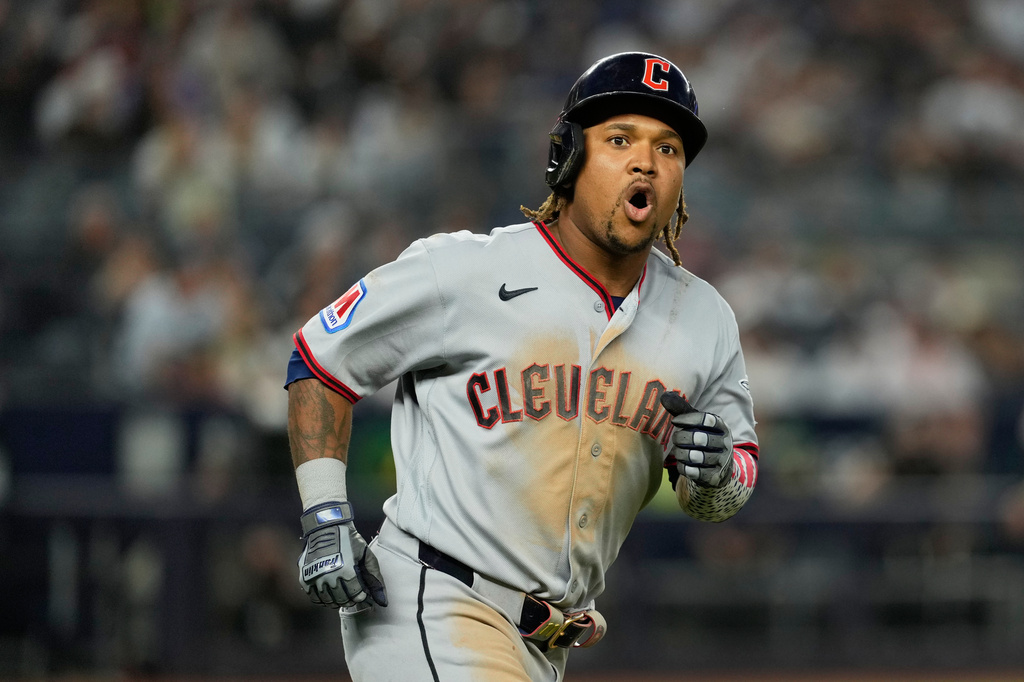 Cleveland Guardians' José Ramírez reacts after hitting a solo home run during the sixth inning of a baseball game against the New York Yankees, Wednesday, June 3, 2026, in New York. (AP Photo/Seth Wenig)