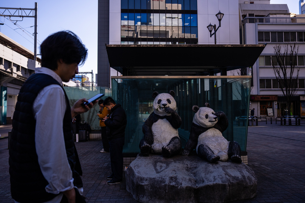 Pedestrians pass panda statues in a square near Ueno Zoo in Tokyo, Thursday, Jan. 8, 2026. (AP Photo/Louise Delmotte)