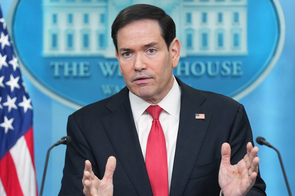 Secretary of State Marco Rubio speaks during a press briefing in the James Brady Press Briefing Room at the White House in Washington, Tuesday, May 5, 2026. (AP Photo/Mark Schiefelbein)