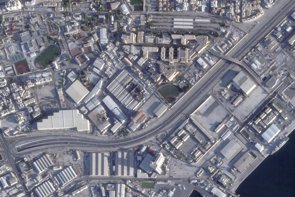 This satellite image from Planet Labs PBC shows damage after Iranian attacks on the U.S. Navy's 5th Fleet headquarters in Manama, Bahrain, March 6, 2026. (Planet Labs PBC via AP)