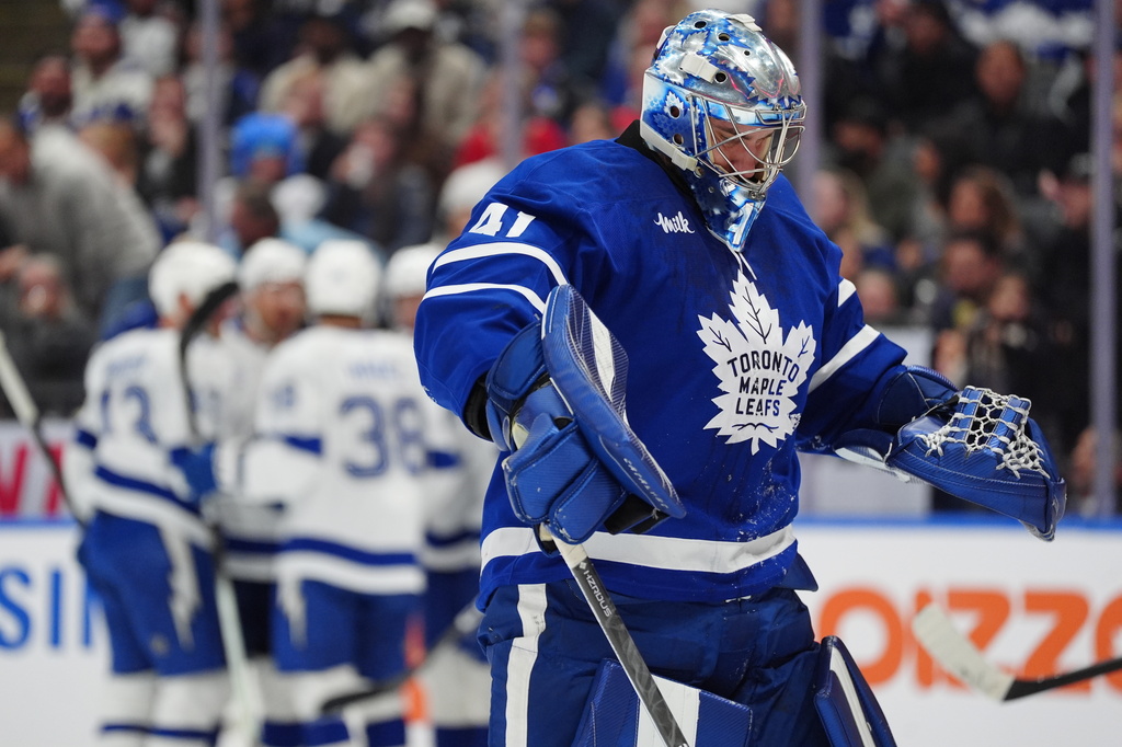 Toronto Maple Leafs goaltender Anthony Stolarz (41) reacts after getting scored on by the Tampa Bay Lightning during first period NHL action in Toronto, on Saturday, March 7, 2026. (Frank Gunn/The Canadian Press via AP)