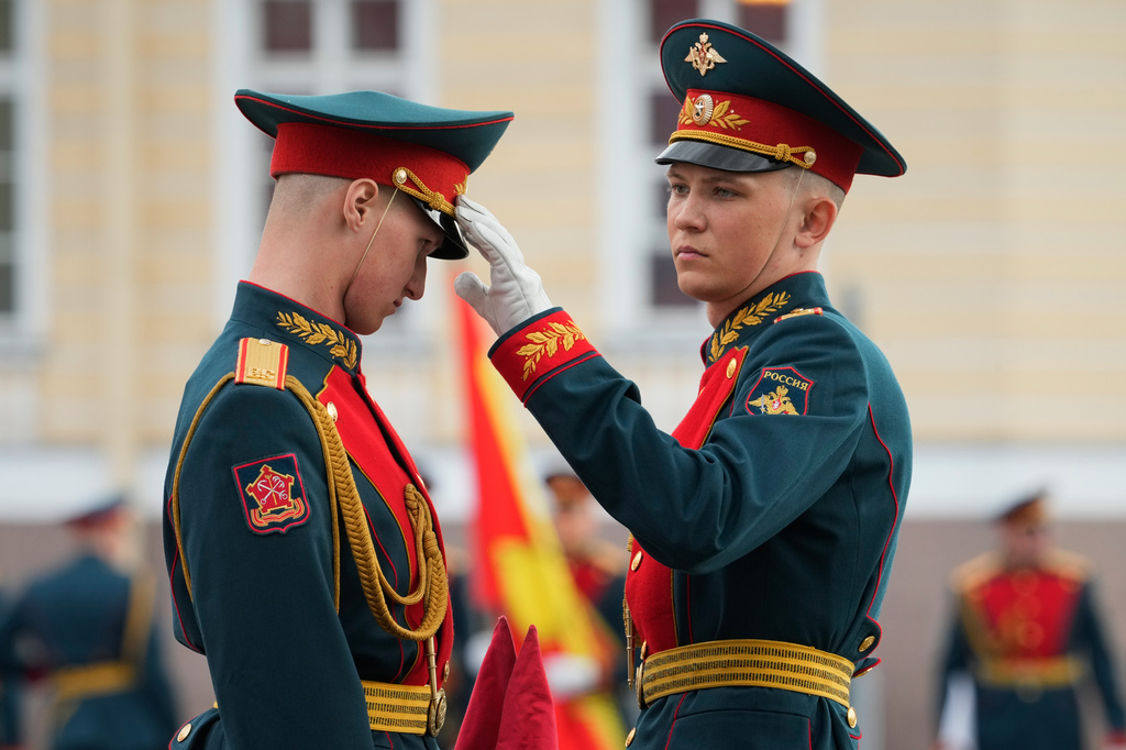 Honour guard soldiers prepare for a rehearsal for the Victory Day military parade at the Dvortsovaya (Palace) Square in St. Petersburg, Russia, Tuesday, May 5, 2026. (AP Photo/Dmitri Lovetsky)